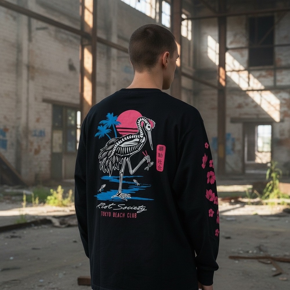 Riot Society Tokyo Beach Club Long Sleeve Shirt Black Skeleton Crane Mens L